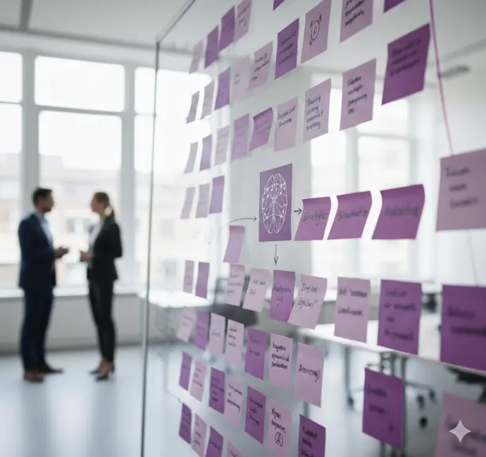 Wand met post its als voorbeeld van een use case analyse workshop